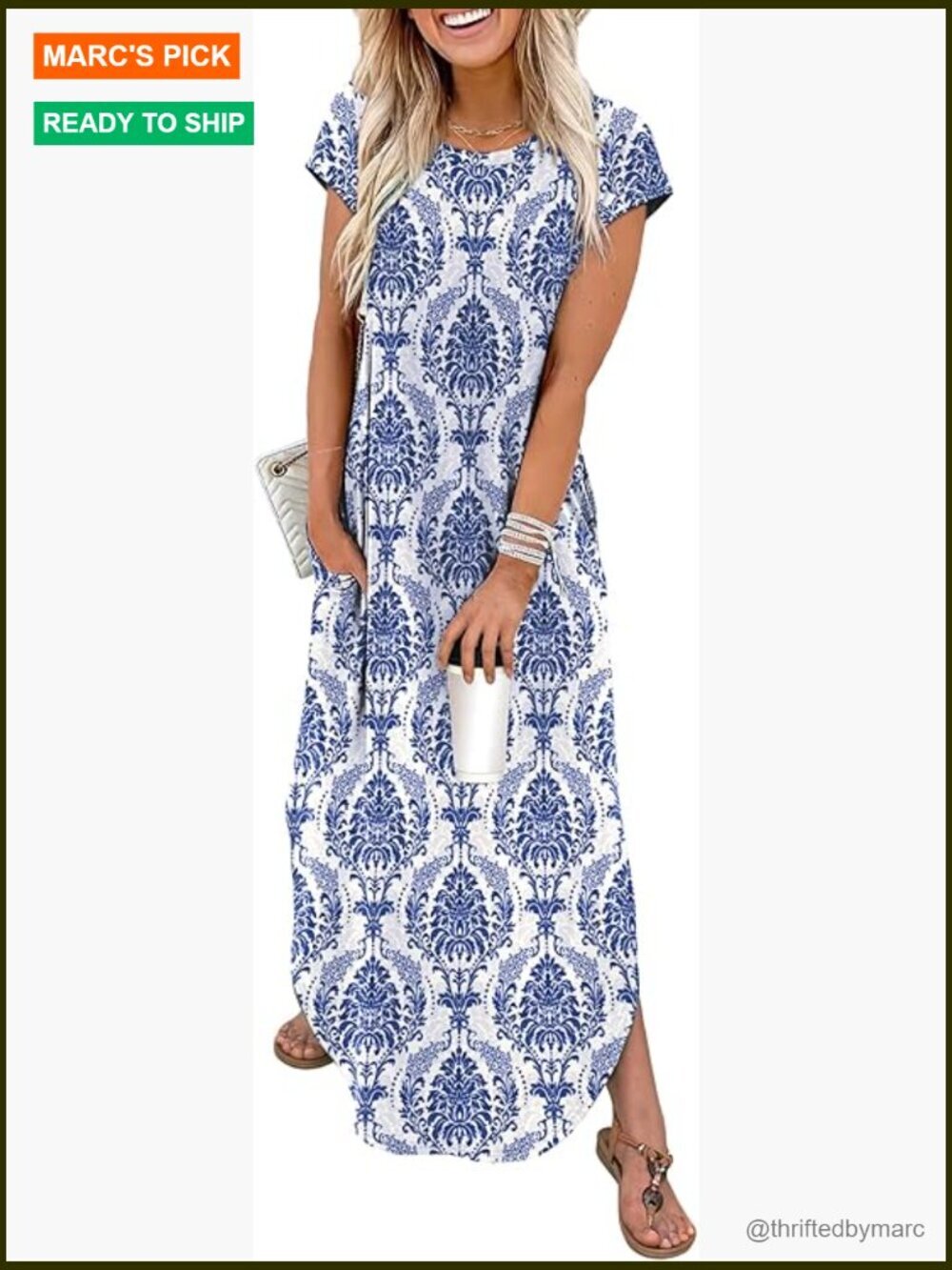 Cap Sleeve Crewneck Maxi Long Dress with Pockets Beach Vacation Casual